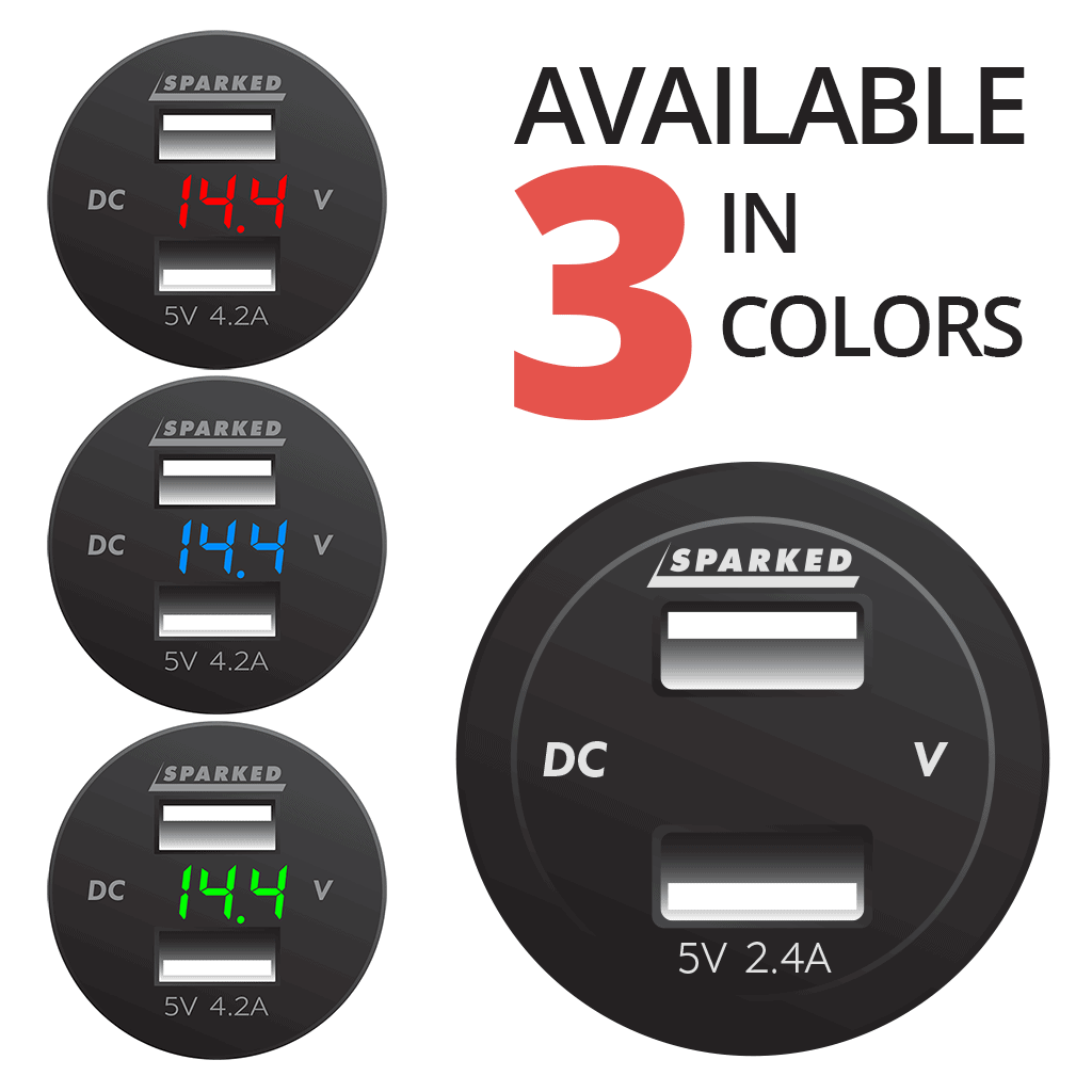 Isolated Dual USB Black Charger with Voltmeter front 3 COLORS red blue green